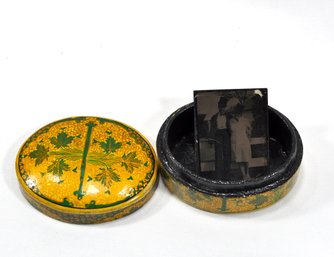 Antique Paper Mache Trinket Box With Tintype Photograph