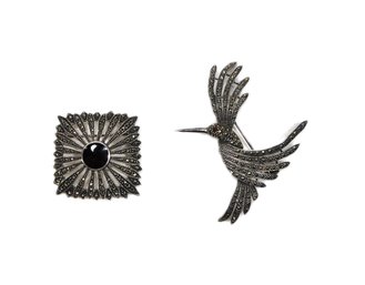 Pair Vintage Sterling Silver Marcasite Onyx Pin Brooches - Hummingbird