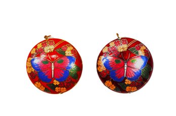 Set 2 Vintage Asian Cloisonne Puffy Round Pendants With Butterflies