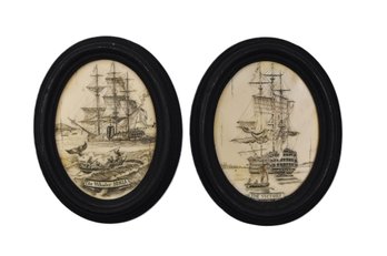 Pair Vintage Framed Resin Scrimshaw Ship Pictures