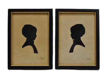 Pair Vintage Girl Paper Silhouettes - Artist Signed