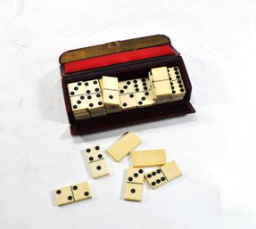 Antique Hand Made Bone Domino Set With Leather Case