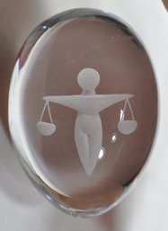 Vintage Ekenas Sweden Libra Art Deco Etched Crystal Glass Egg Paperweight