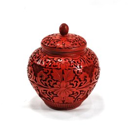 Antique Chinese Carved Cinnabar Lacquer Lidded Pot