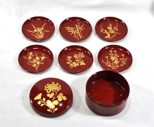 Vintage NOS Japanese Red Lacquer Gold Plates With Lidded Box