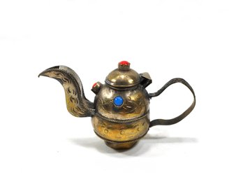 Antique Chinese Miniature  Engraved Brass Teapot Inlayed With Stones