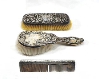 Antique Brush & Comb Set Sterling Silver Repousse