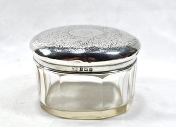 Antique Ribbed Glass & Etched Sterling Silver Vanity Trinket Jar