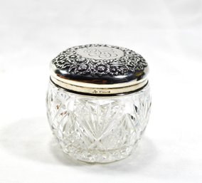 Antique Cut Glass & Sterling Silver Repousse Vanity Trinket Jar