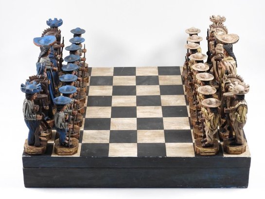 Vintage Mexican Carved Wood Chess Game Board