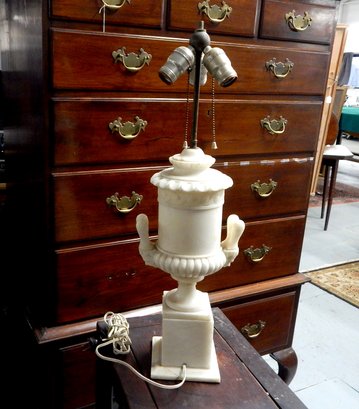 Antique Carved Alabaster Table Lamp With Snake And Floral Motif