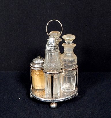 Antique Crystal & Silver 4 Piece Condiment Set
