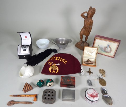 Vintage Estate Lot Of Miscellaneous Items: Indian Figure, Watch, Pewter Etc.