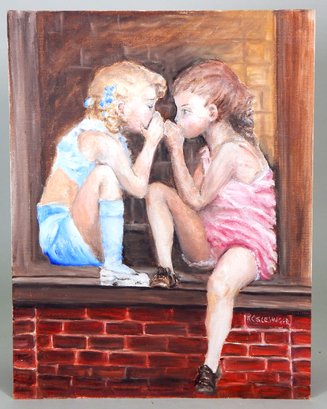 ' Secret Telling' Two Girls Oil Painting Signed Schlesinger