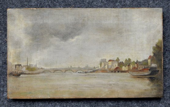 Antique 19th Century Oil Painting Landscape With Bridge