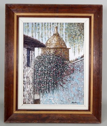 Vintage 3 Dimensional Oil Painting Temple Wall With Flowers  - Signed