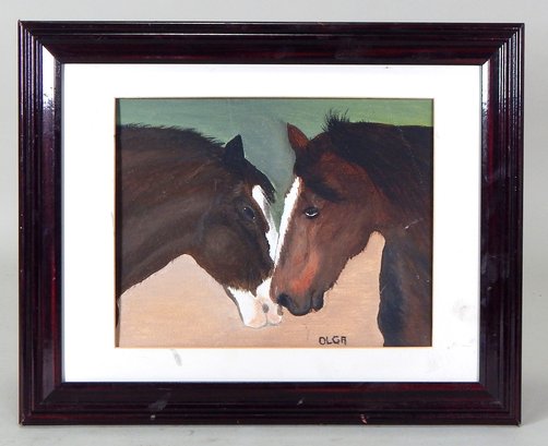 Vintage Portrait Of Two Horses Oil Painting - Signed
