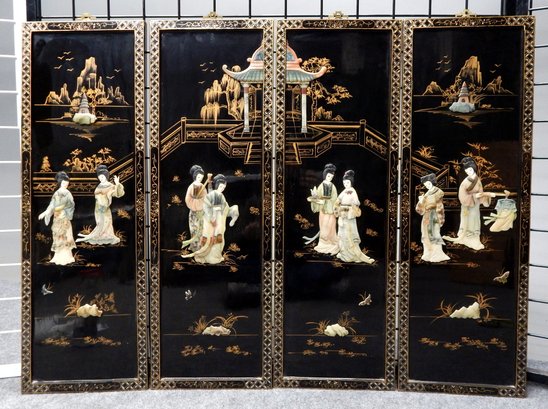 Set Of 4 Vintage Asian Black Lacquer Wall Panels Women