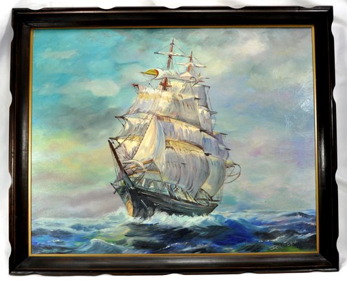 Large Vintage Clipper Ship Signed Oil Painting