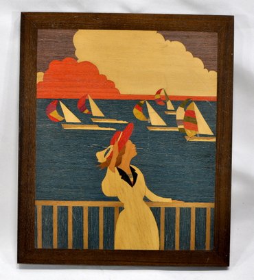 Vintage Lady And Sails Wood Inlayed Picture