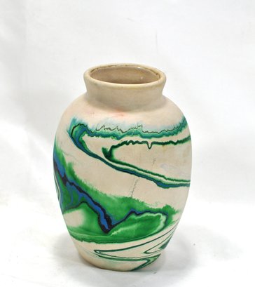 Vintage Nemadji Pottery Ceramic Vase Green Marble Pattern