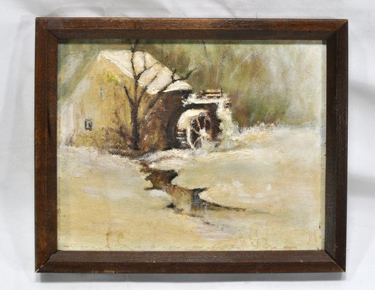 Vintage Winter Water Mill Scene Oil Painting