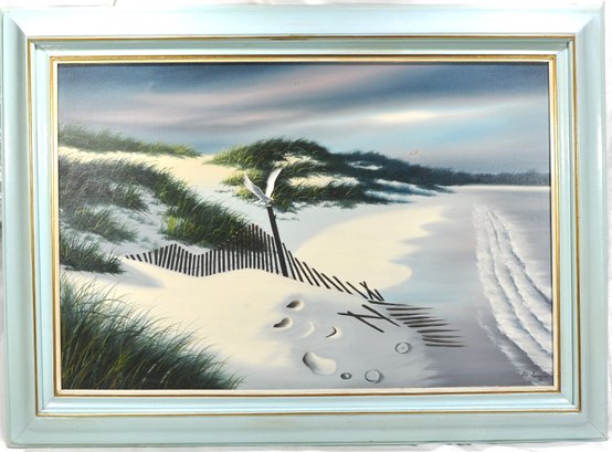Large Vintage Oil Painting Beach View With Seagull - Signed