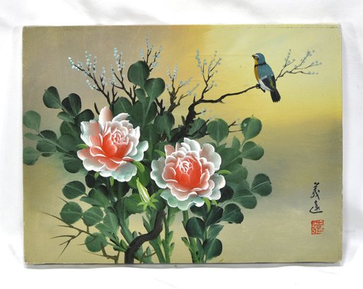 Original Chinese Oil Painting Bird On Blossom Tree