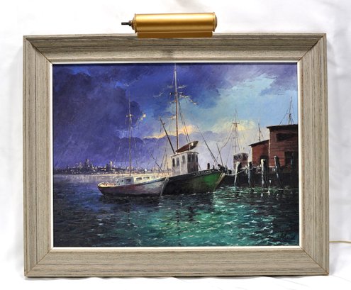 Vintage Macedo Fishing Boats And City At Night Oil Painting With Light