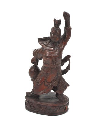 Vintage Chinese Hand Carved Wood Warrior With Sword Sculpture