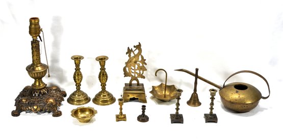 Antique/ Vintage Brass Lot: Lamp, Candlesticks, Bells Etc.