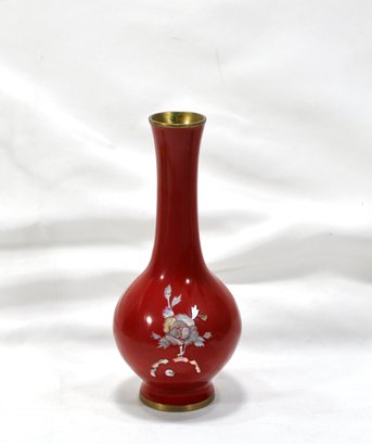 Vintage Korean Red Enameled Brass Mother Of Pearl Flower Inlay Bud Vase