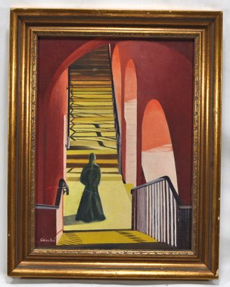 Vintage Combe Figure At The Stairs Surrealist Oil Painting