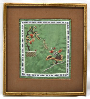 Vintage Chinese Silk Embroidery Mantis And Flowers