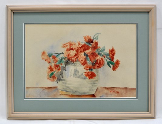 Vintage S.C.S. Signed Watercolor Of Carnations