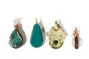 Lot 4 Vintage Green Stone & Gold Wire Pendants