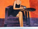 ' In Cafe' Modernist Oil Painting On Unstretched Canvas - Signed