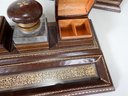 Vintage Hand Made Tooled Gilded Brown Leather Desk Set