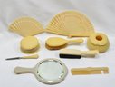 Vintage DuBarry Ivory French Celluloid Vanity Set And Two Fans