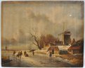 Vintage N.BROWN Winter Landscape With Windmill - Oil Painting On Wood Panel
