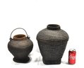 Pair Vintage Asian Spherical Baskets Rice Storage Woven Jars