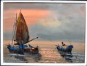 Vintage Oil Painting Fishing Boats In Sunset - Signed