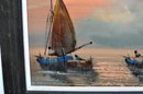 Vintage Oil Painting Fishing Boats In Sunset - Signed