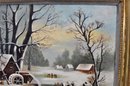 Antique 19th Century Folk Art Winter Landscape Oil Painting