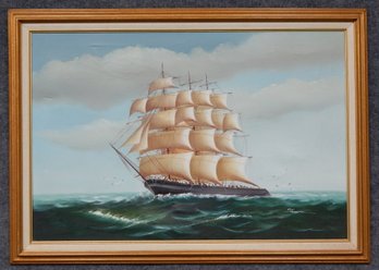 Large Vintage Clipper Ship Oil Painting - Signed