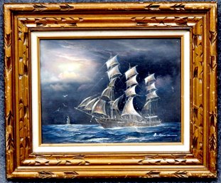 Vintage Oil Painting Clipper Ship At Night - Signed