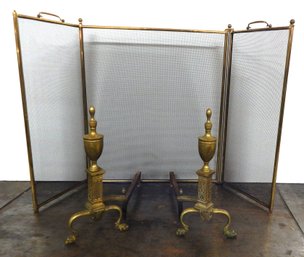 Fireplace Screen & Brass Andirons