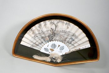 Vintage Hand Painted Asian Fan In Display Case