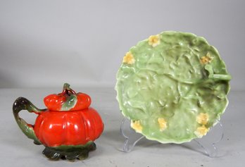 Vintage Royal Bayreuth Tomato Jar & Handled Lattes Leaf Plate
