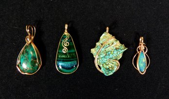 Lot 4 Vintage Green Stone & Gold Wire Pendants